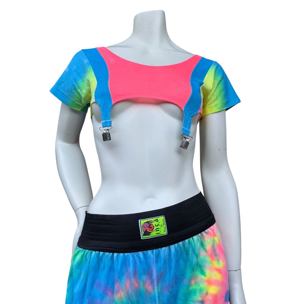 Vintage Neon Tie Dye 2Pc Set Suspender Crop Top Harem Pants Dopamine Dressing M - Picture 11 of 16